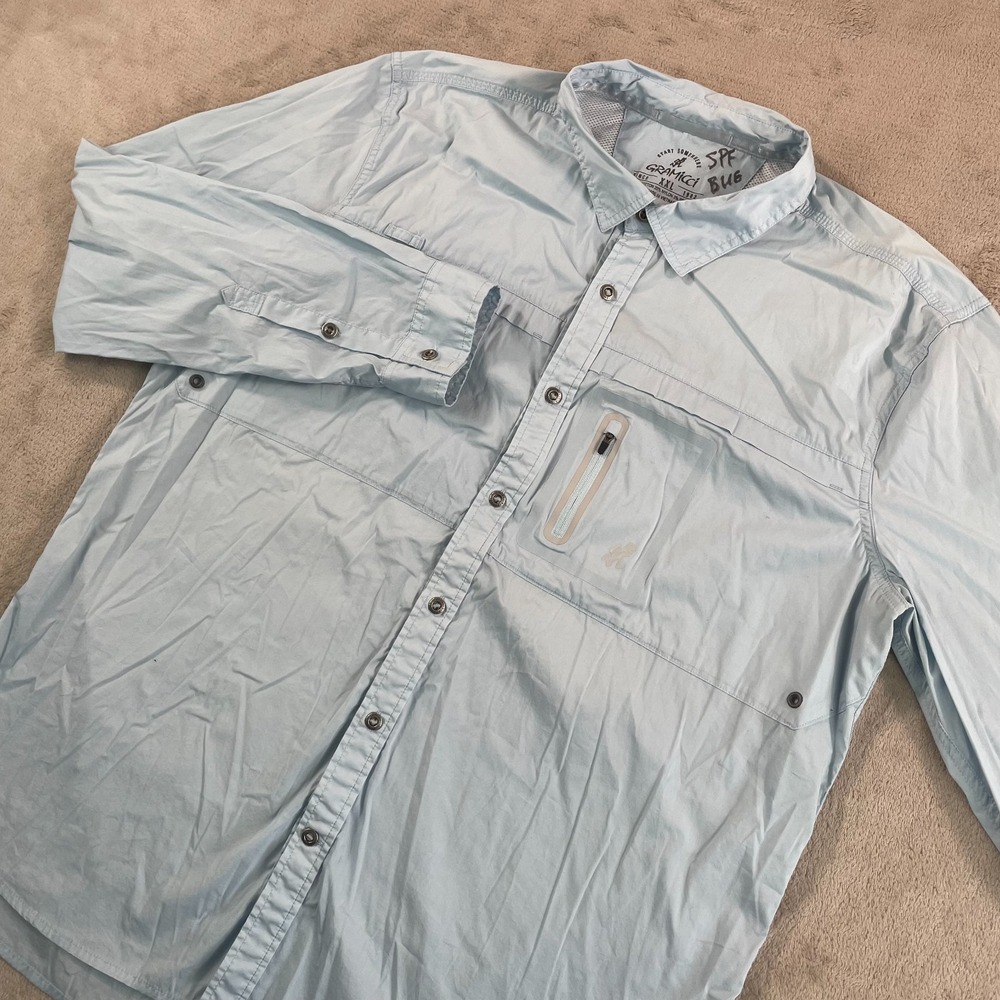 Gramicci Shirt Men 2XL Blue Nylon Blend Long Sleeve Pockets‎ Outdoors Fishing